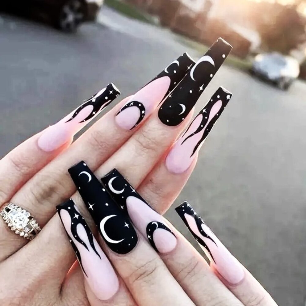 Nails Moon Stars Flames 24 Fake Press On Coffin Reusable Trendy Stylish Celeste